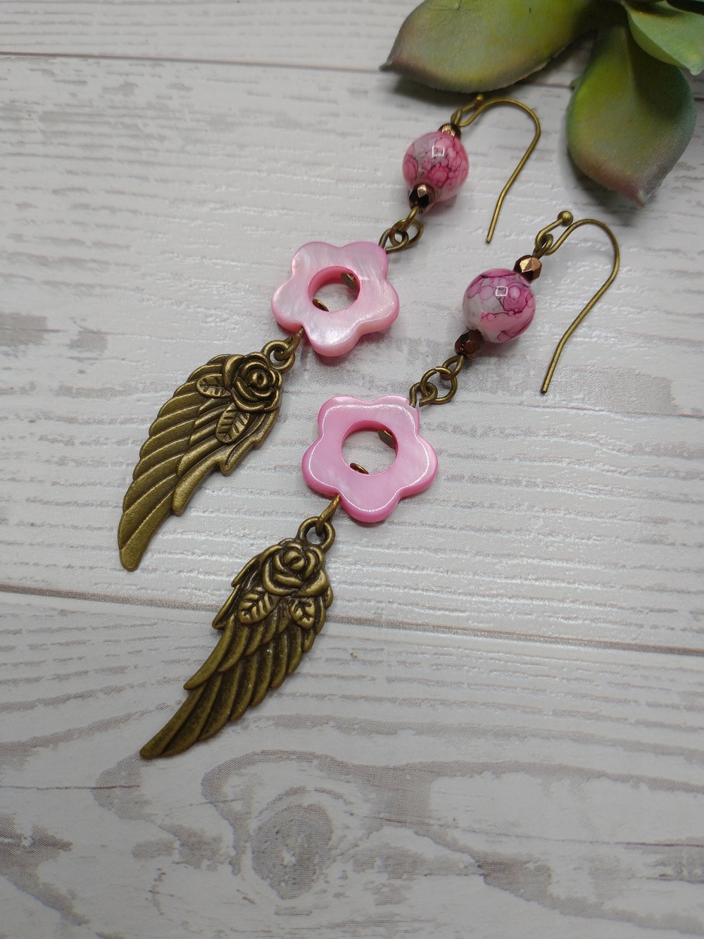 Handmade Pink Flower & Brass Wing Drop Earrings